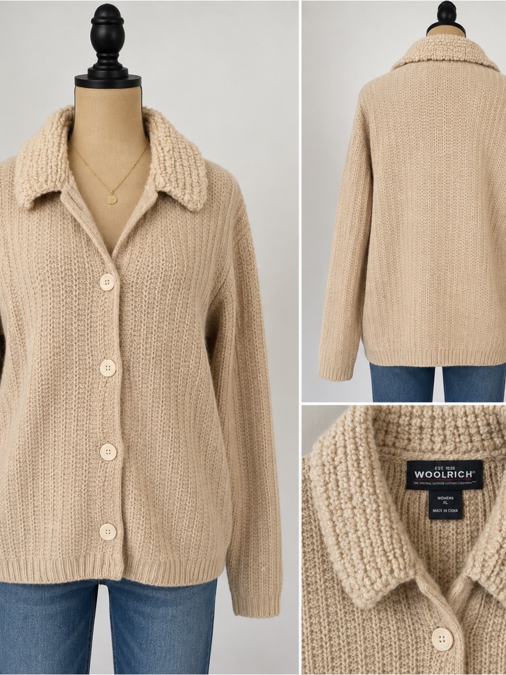 Woolrich Women’s XL 100% Wool Button Cardigan Sweater Light Camel Boucle Collar
